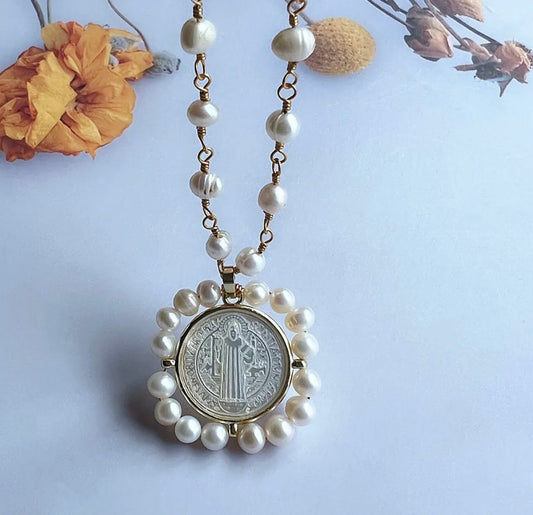 St. Benedict Medallion Pearl Necklace | Erika Williner Designs