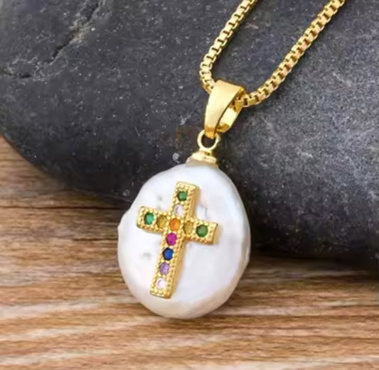 Coin Pearl Pendant with Multicolor Cross Necklace | Erika Williner Designs