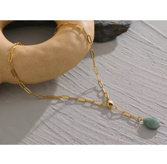 Stainless Steel paper Clip Chain with Labradorite TearDrop Pendant | Erika Williner Designs