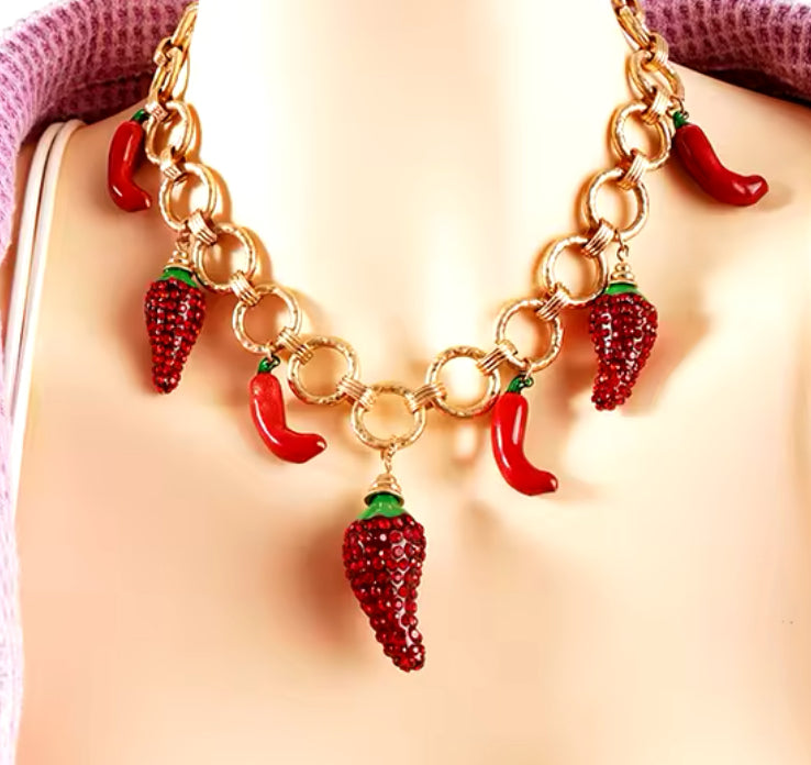 Gold Plated Chain Necklace with Red Chili Peppers as Charms | Erika Williner Designs