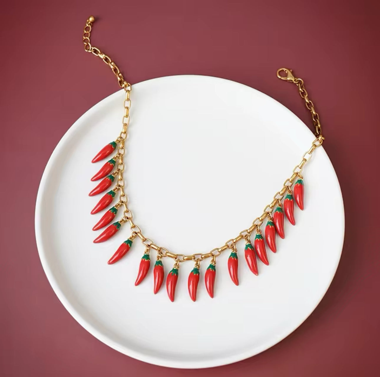 Gold Plated Chain Necklace with Small Fresno Peppers as Charms | Erika Williner Designs