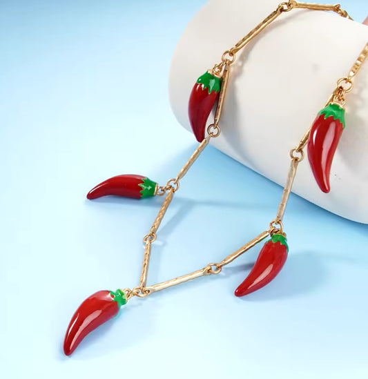 Gold Plated Chain Necklace with Big Fresno Peppers as Charms | Erika Williner Designs