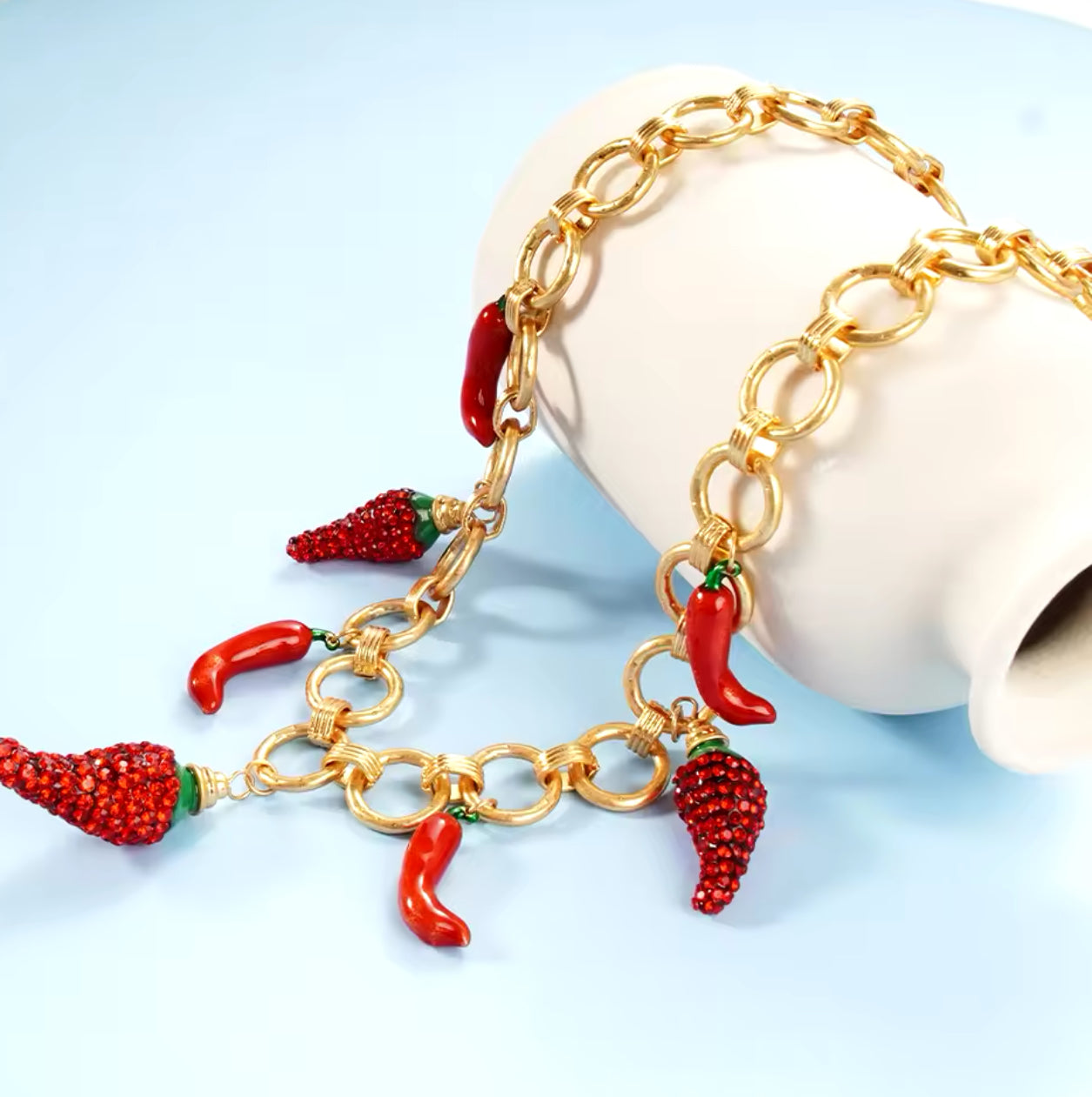 Gold Plated Chain Necklace with Red Chili Peppers as Charms | Erika Williner Designs