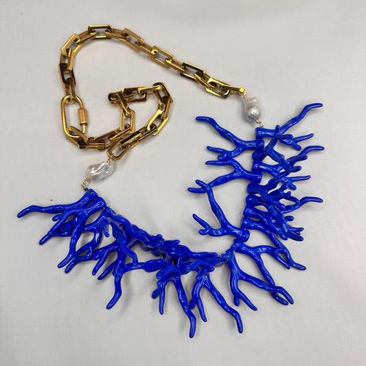 Blue Acetate Coral Branches, baroque Pearls and Stainless Steel Square Link Necklace | Erika Williner Designs