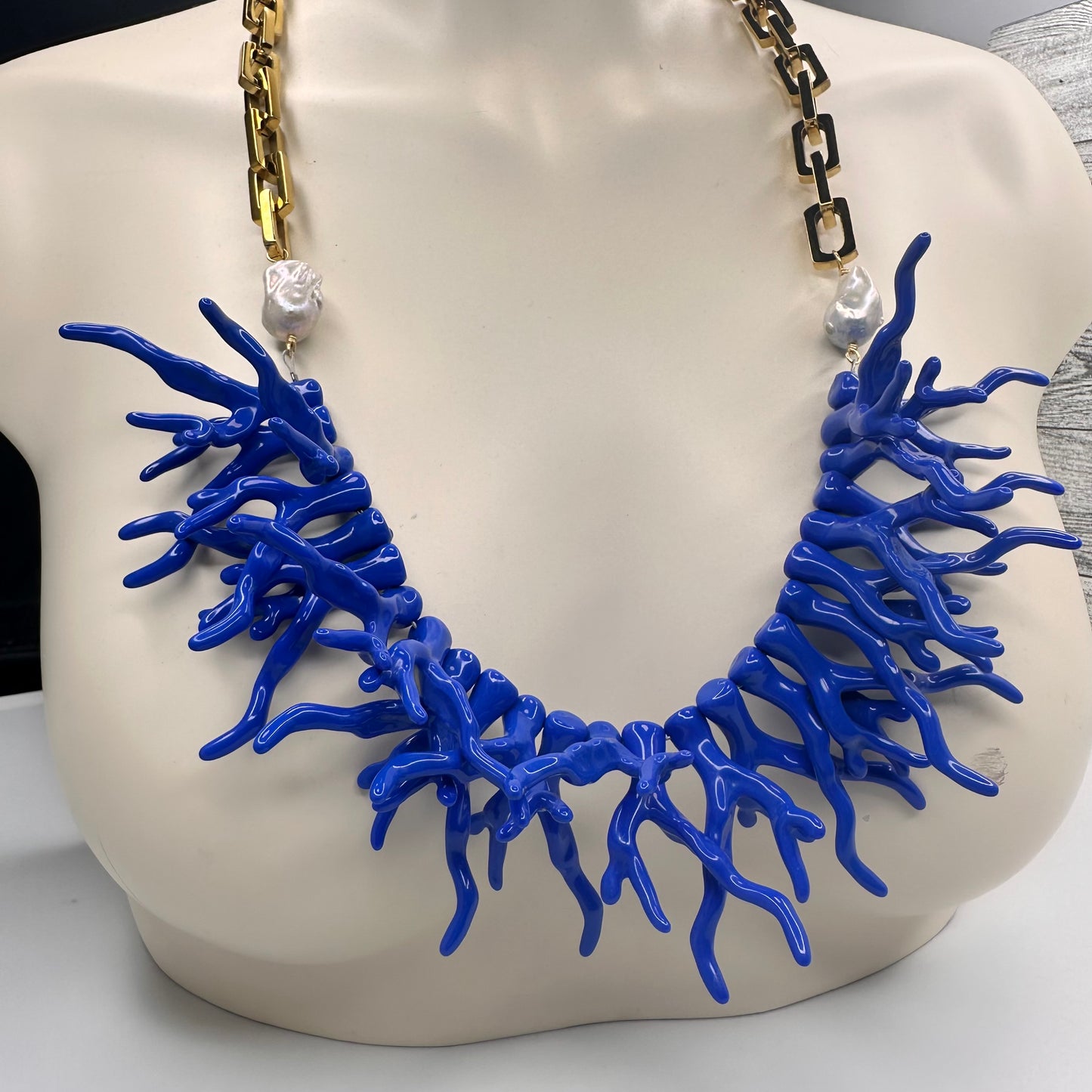 Blue Acetate Coral Branches, baroque Pearls and Stainless Steel Square Link Necklace | Erika Williner Designs