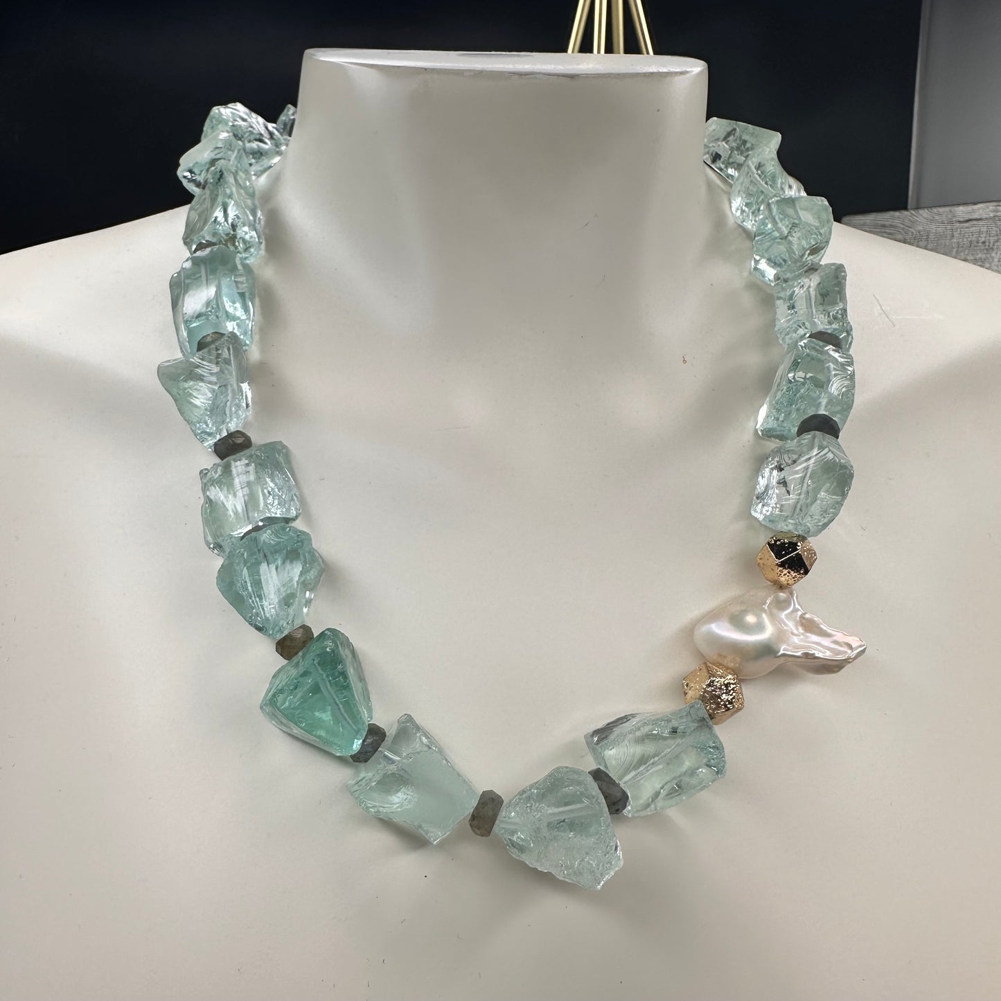 Aqua Quartz with Labradorite and Baroque Pearl Necklace | Erika Williner Designs