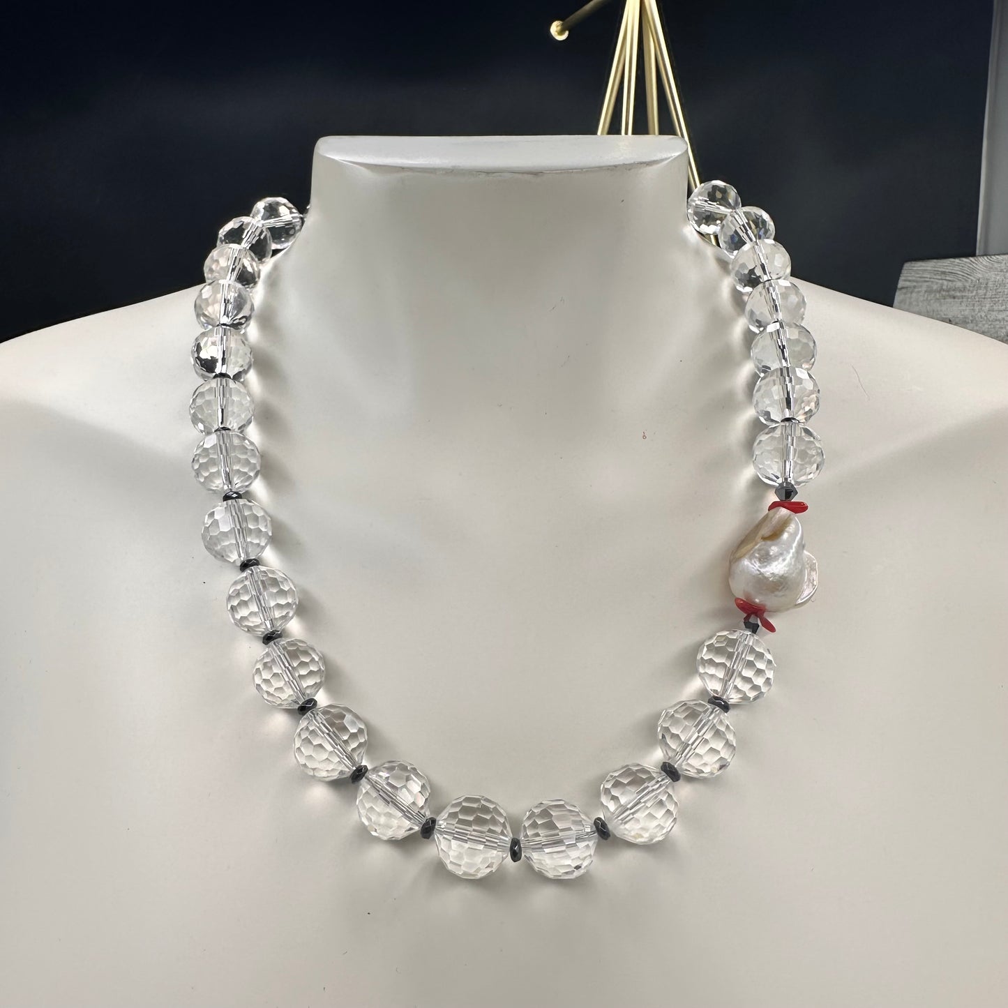 Multi Faceted Crystal Beads, Hematite, Coral and Baroque Pearl Necklace | Erika Williner Designs