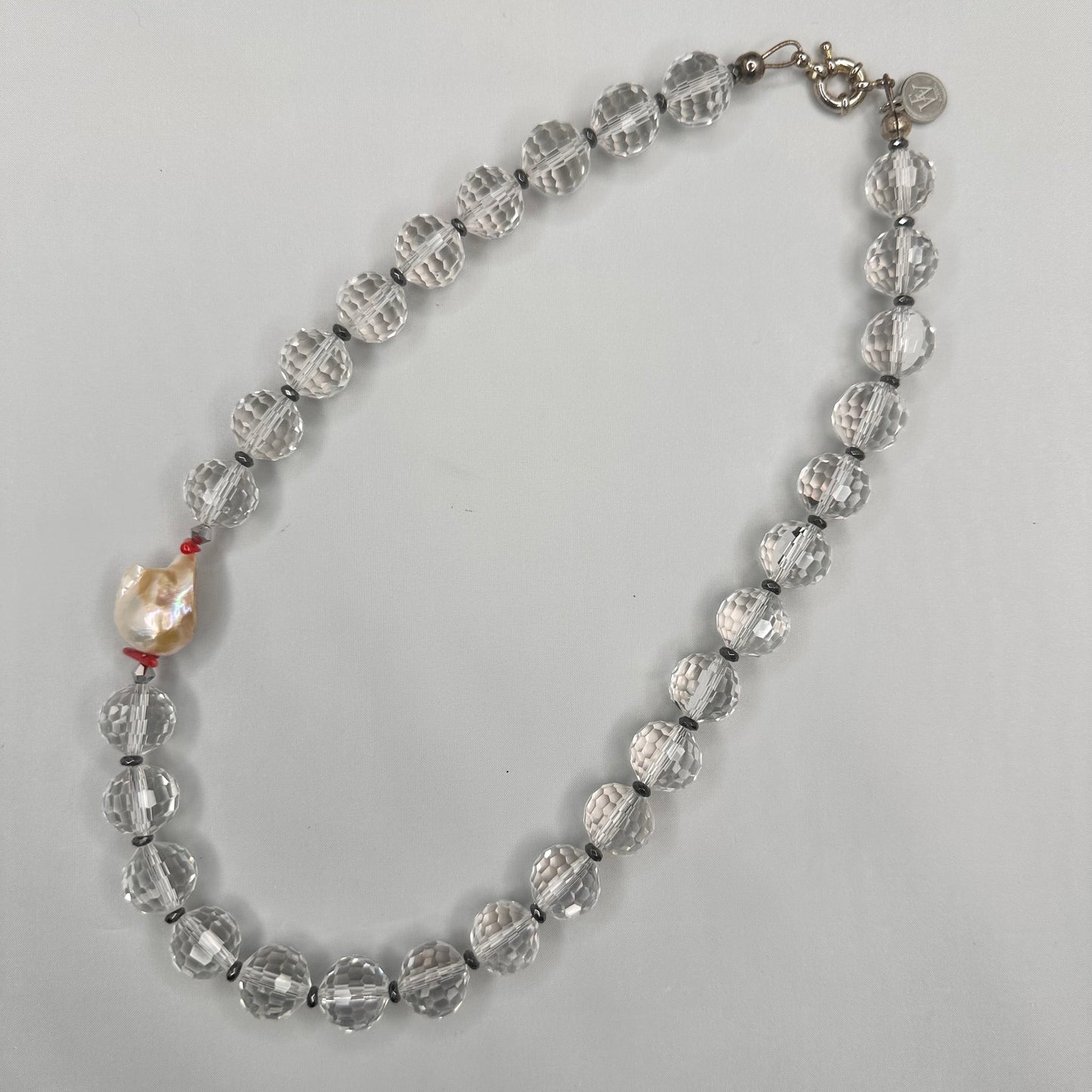 Multi Faceted Crystal Beads, Hematite, Coral and Baroque Pearl Necklace | Erika Williner Designs