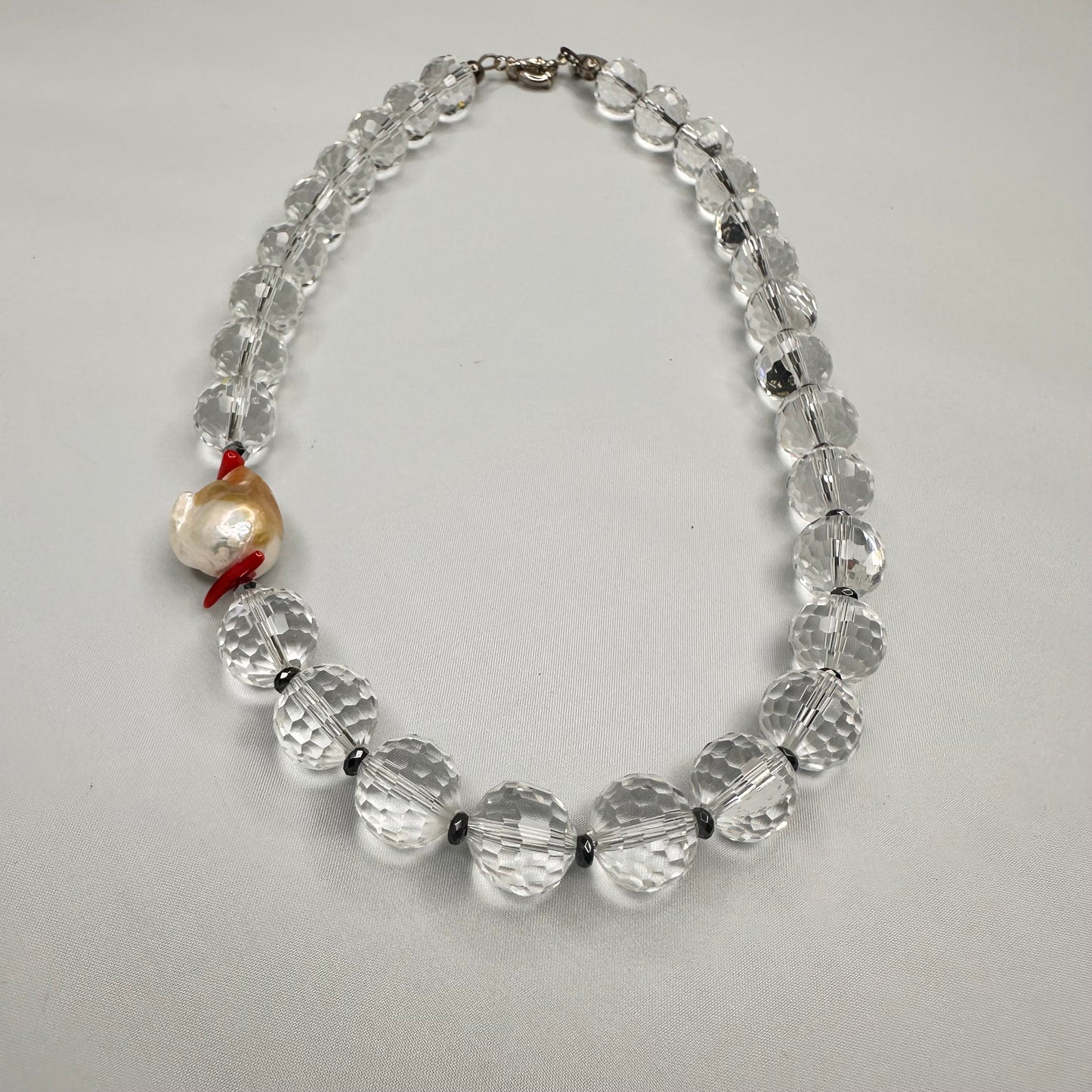 Multi Faceted Crystal Beads, Hematite, Coral and Baroque Pearl Necklace | Erika Williner Designs