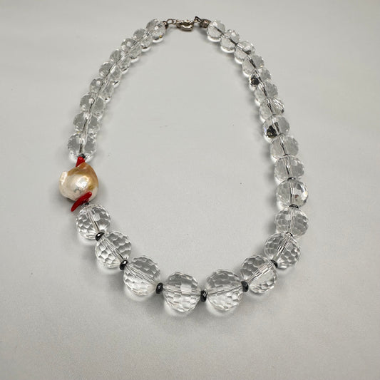 Multi Faceted Crystal Beads, Hematite, Coral and Baroque Pearl Necklace | Erika Williner Designs