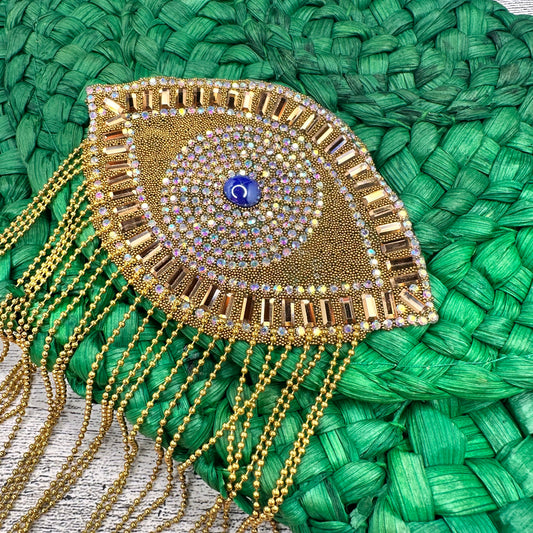 Green Clutch with Evil Eye with Fringes | Erika Williner Designs