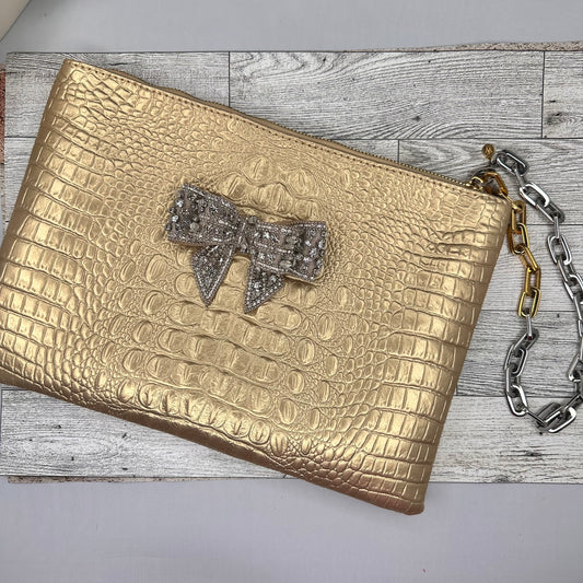 Faux Gold Alligator Clutch with Embellished Bow and Stainless Steel Wristlet Chain | Erika Williner Designs