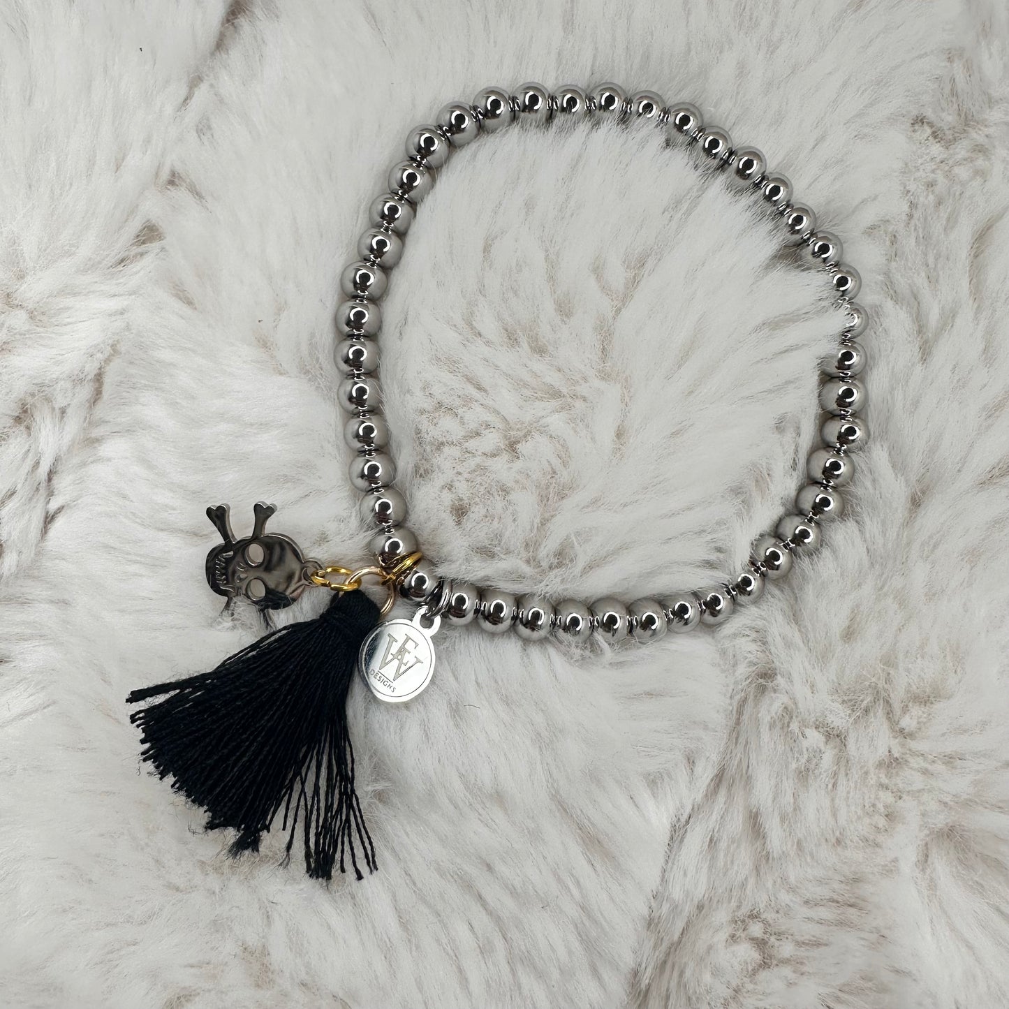 Stainless steel beaded bracelet with Skull and Tassel | Erika Williner Designs