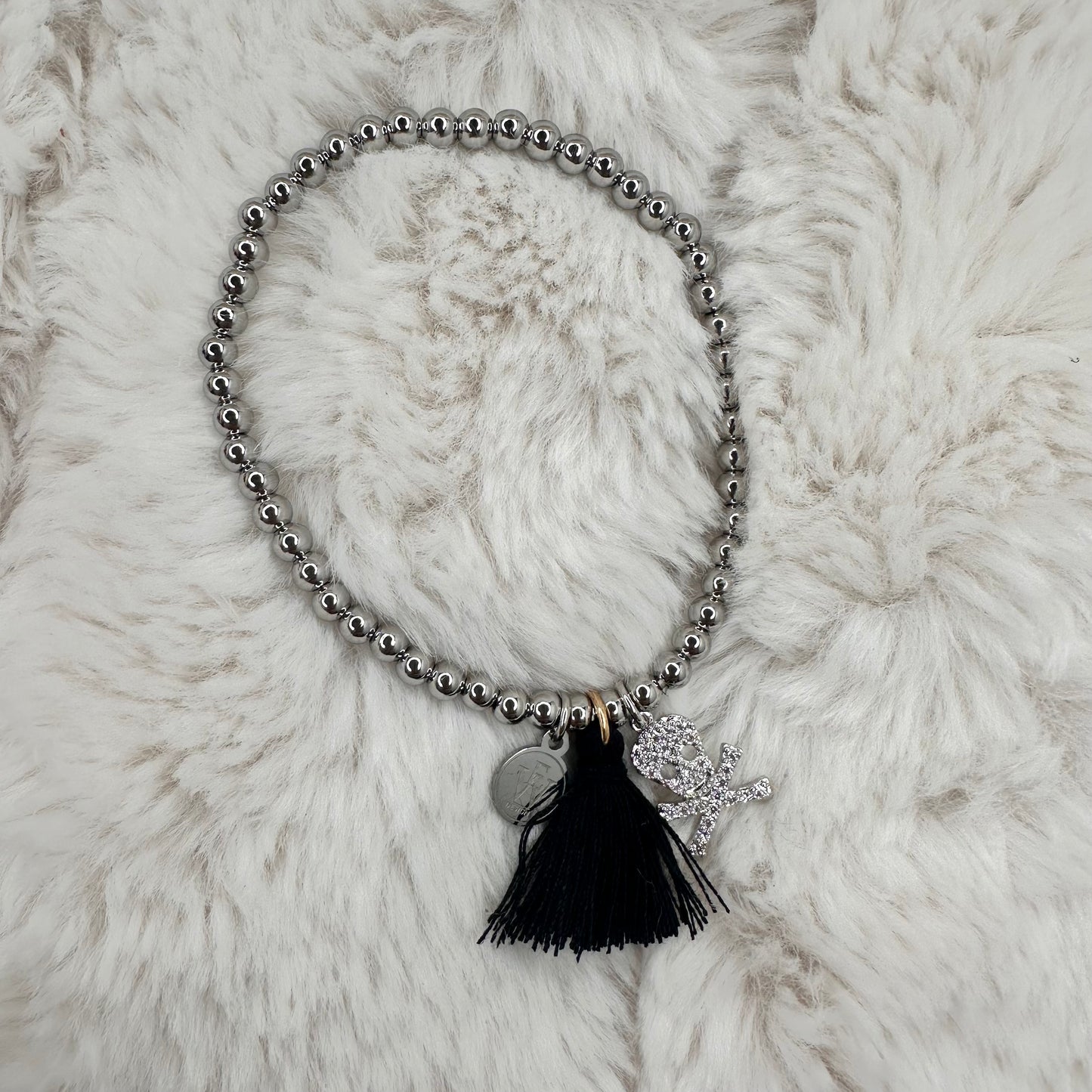 Stainless steel beaded bracelet with Skull and Tassel | Erika Williner Designs