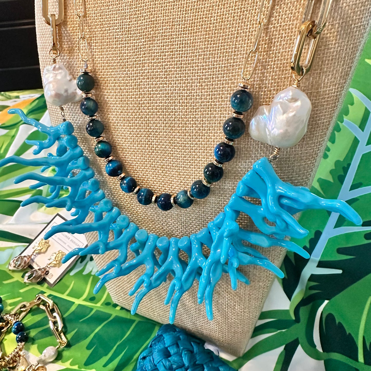 Turquoise Acetate Coral Branches, Baroque Pearls and Stainless Steel Chain Necklace | Erika Williner Designs