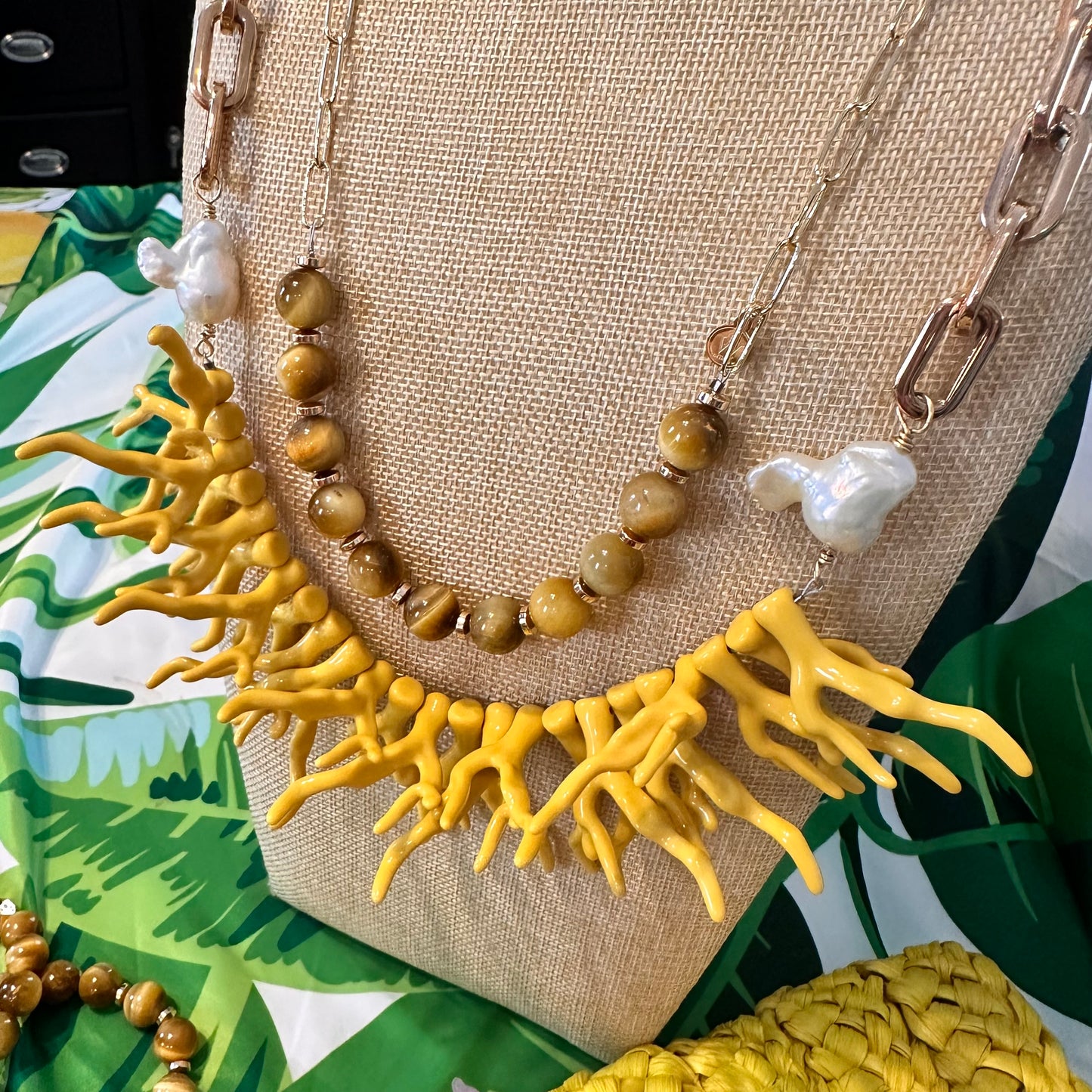 Yellow Acetate Coral Branches, Baroque Pearls, Tiger Eye and Stainless Steel Chain Necklace | Erika Williner Designs