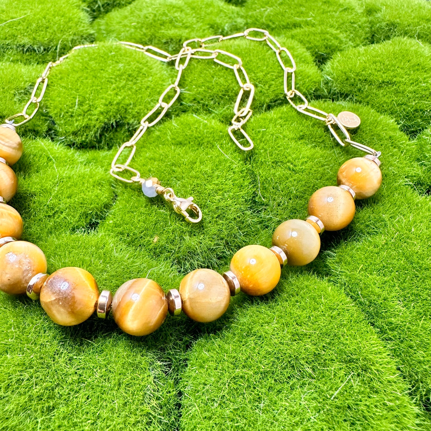 Yellow Acetate Coral Branches, Baroque Pearls, Tiger Eye and Stainless Steel Chain Necklace | Erika Williner Designs