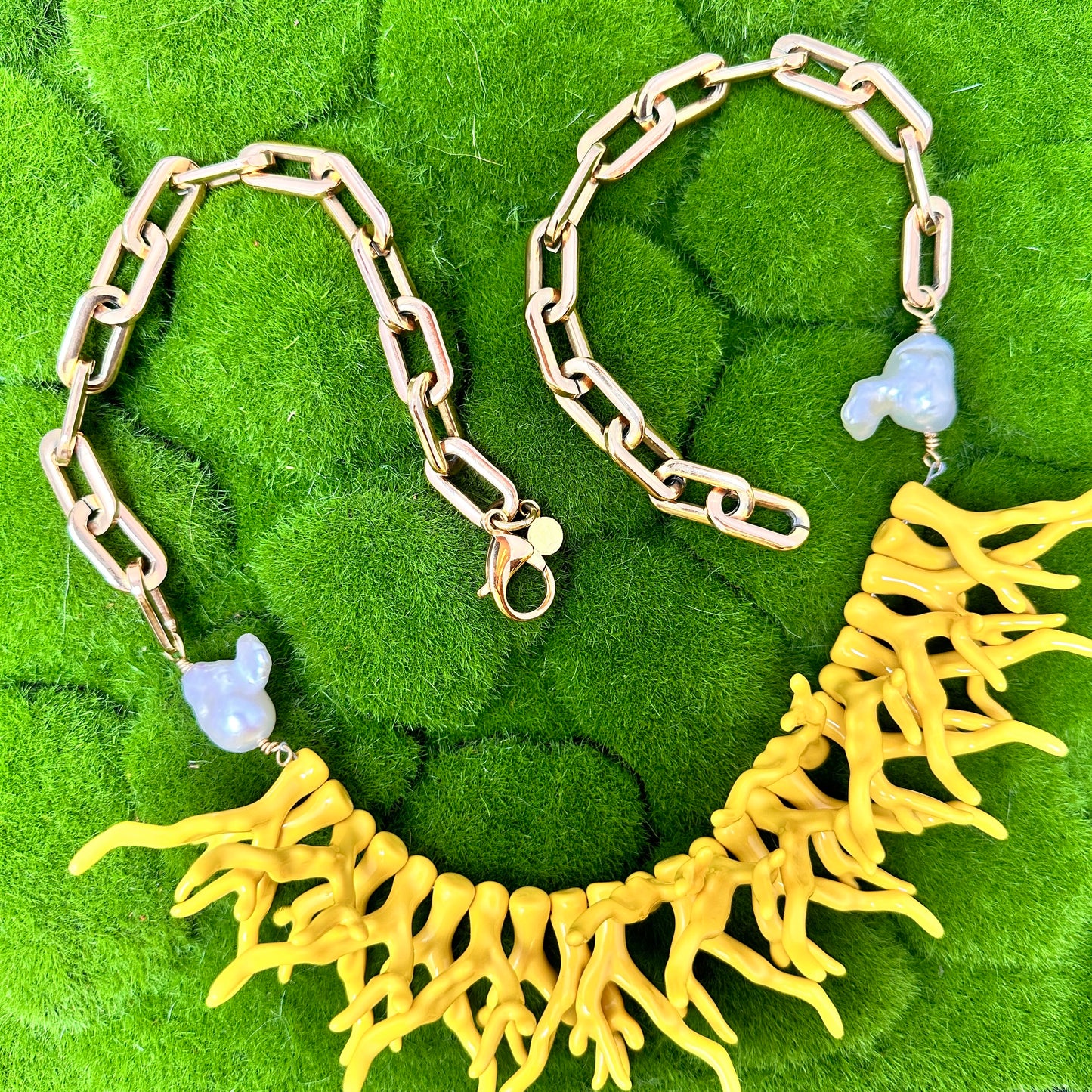 Yellow Acetate Coral Branches, Baroque Pearls, Tiger Eye and Stainless Steel Chain Necklace | Erika Williner Designs