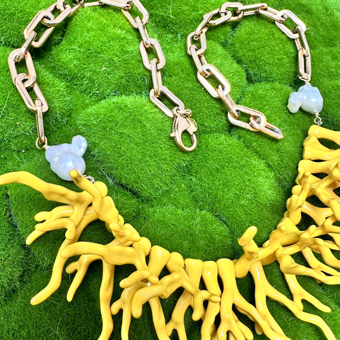 Yellow Acetate Coral Branches, Baroque Pearls, Tiger Eye and Stainless Steel Chain Necklace | Erika Williner Designs