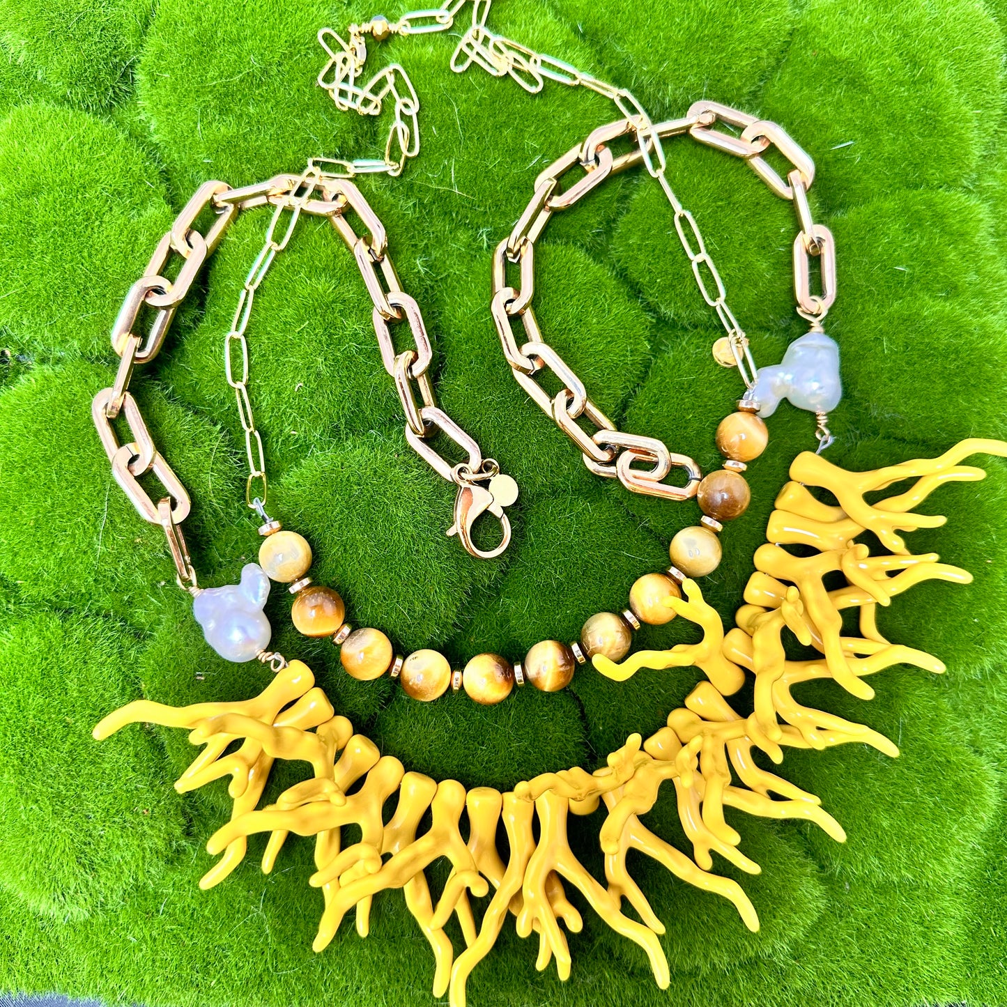 Yellow Acetate Coral Branches, Baroque Pearls, Tiger Eye and Stainless Steel Chain Necklace | Erika Williner Designs