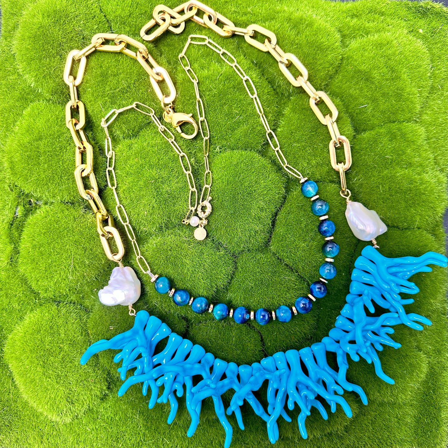 Turquoise Acetate Coral Branches, Baroque Pearls and Stainless Steel Chain Necklace | Erika Williner Designs