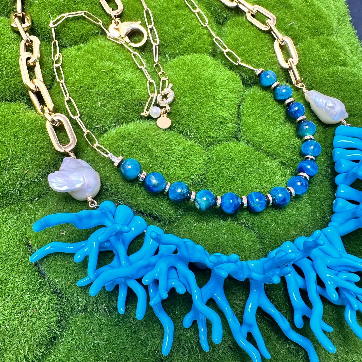 Turquoise Acetate Coral Branches, Baroque Pearls and Stainless Steel Chain Necklace | Erika Williner Designs