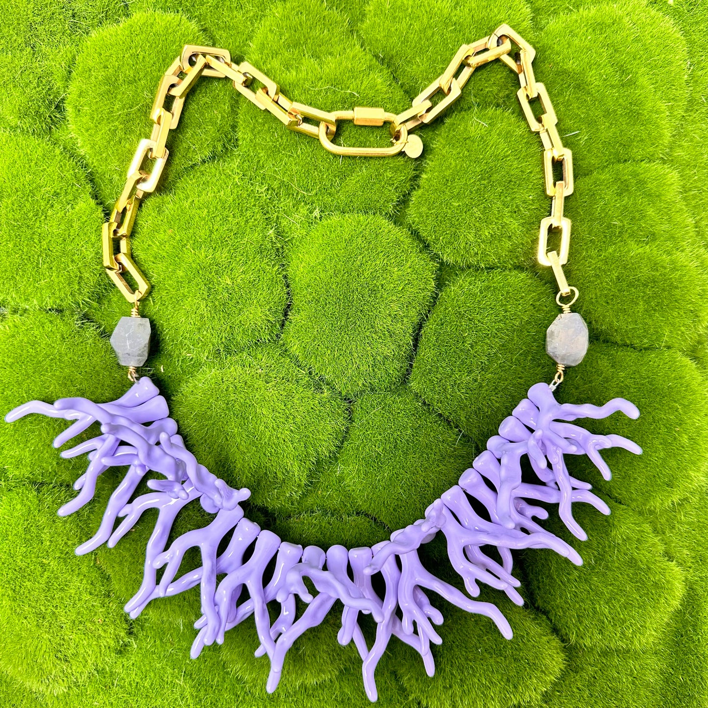 Lavender Acetate Coral Branches, Labradorite and Stainless Steel Chain Necklace | Erika Williner Designs