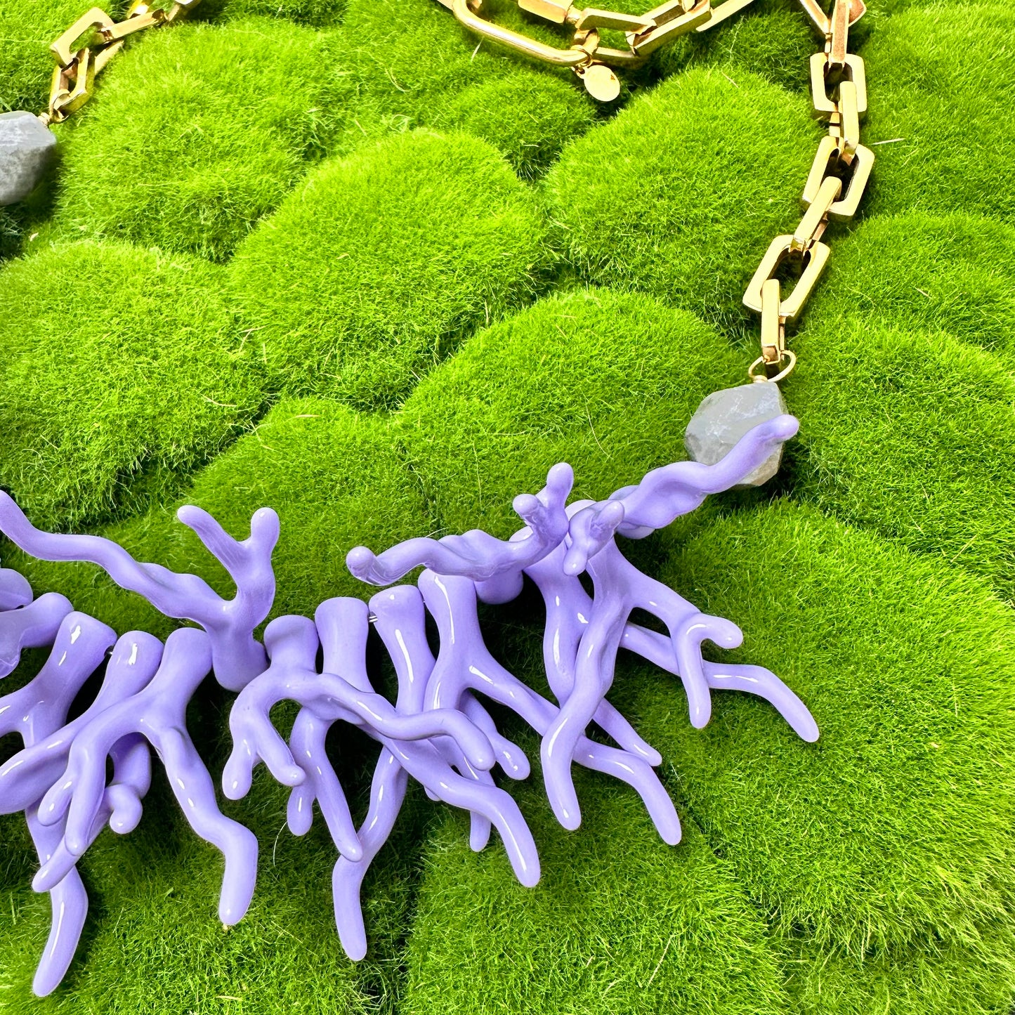 Lavender Acetate Coral Branches, Labradorite and Stainless Steel Chain Necklace | Erika Williner Designs