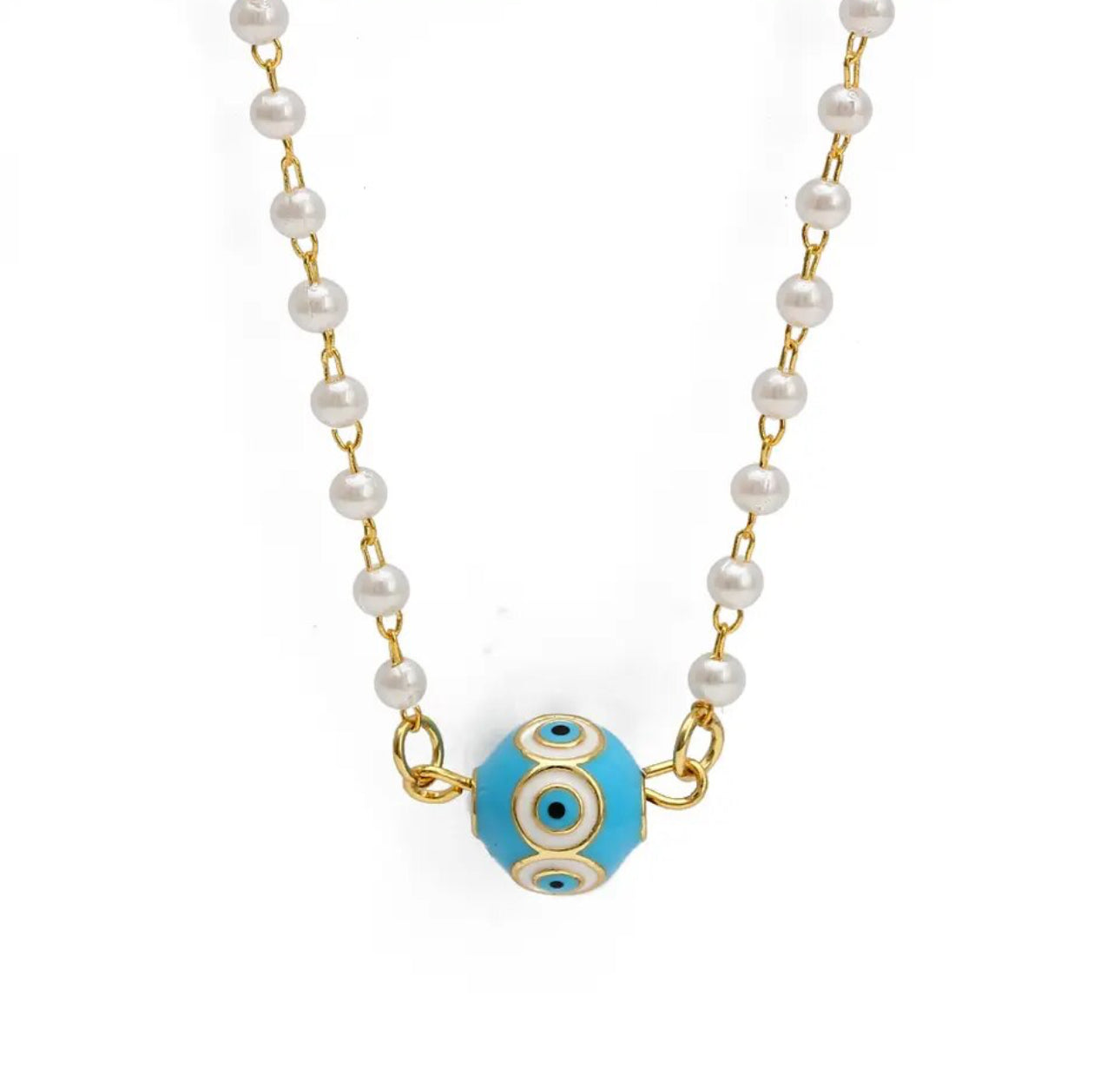 Round enameled evil eye pendant on dainty faux pearl chain | Erika Williner Designs