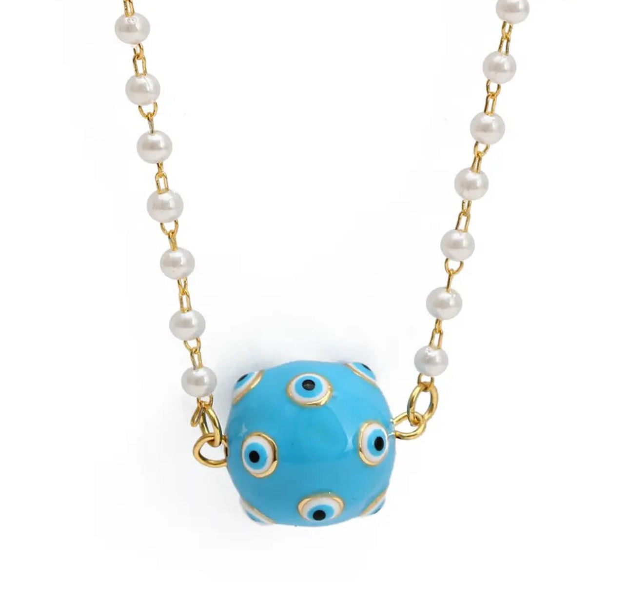 Round enameled evil eye pendant on dainty faux pearl chain | Erika Williner Designs