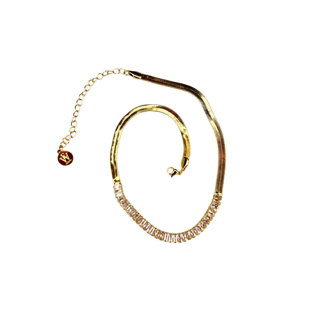 Cubic Zirconium Baguette Chocker with gold Herring bone chain | Erika Williner Designs