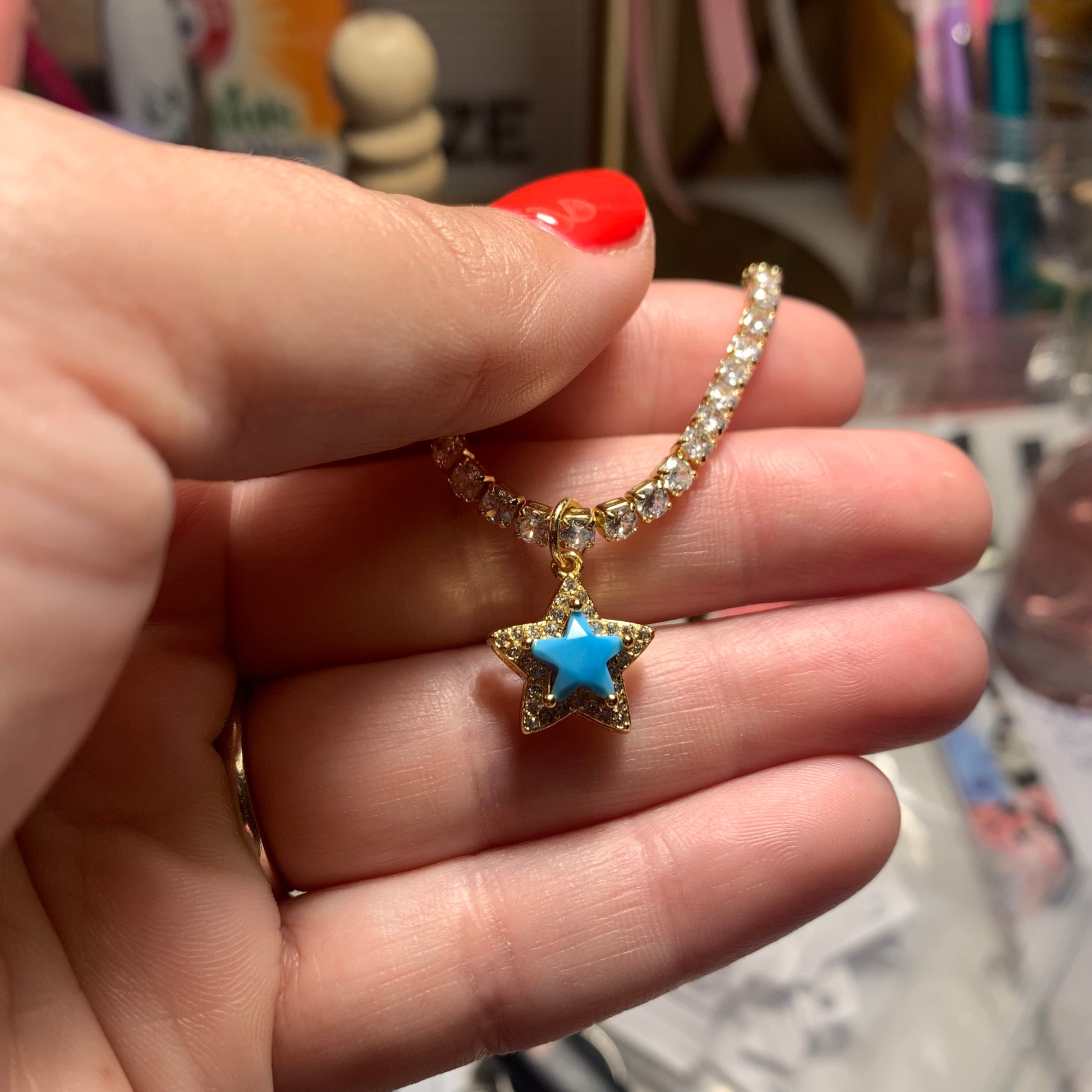 CZ Tennis Necklace with a Sparkling Turquoise Star Pendant 