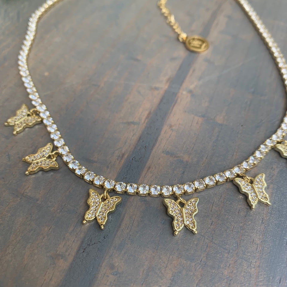 CZ Tennis Necklace with Delicate Butterfly Pendants