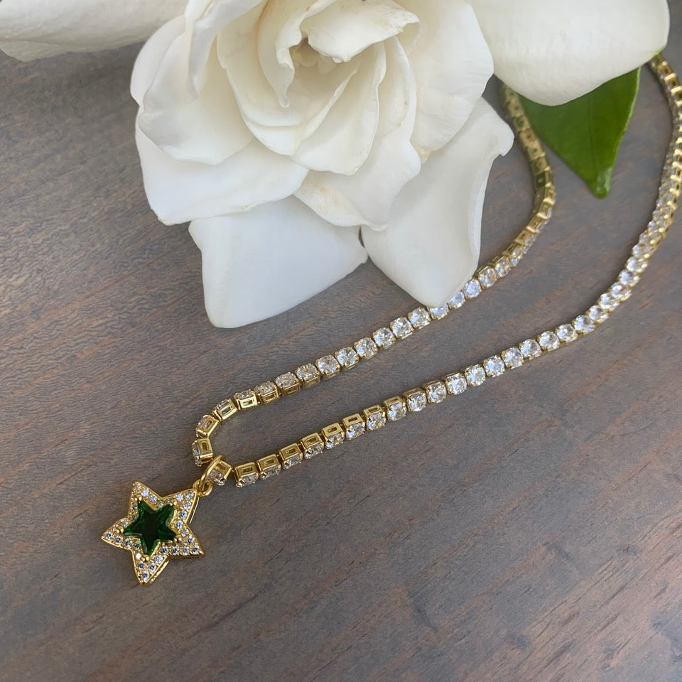 CZ Tennis Necklace with a Sparkling Green Star Pendant 