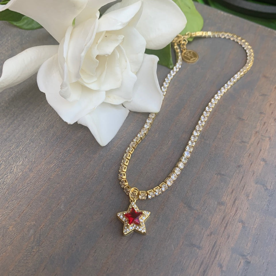 CZ Tennis Necklace with a Sparkling Red Star Pendant 