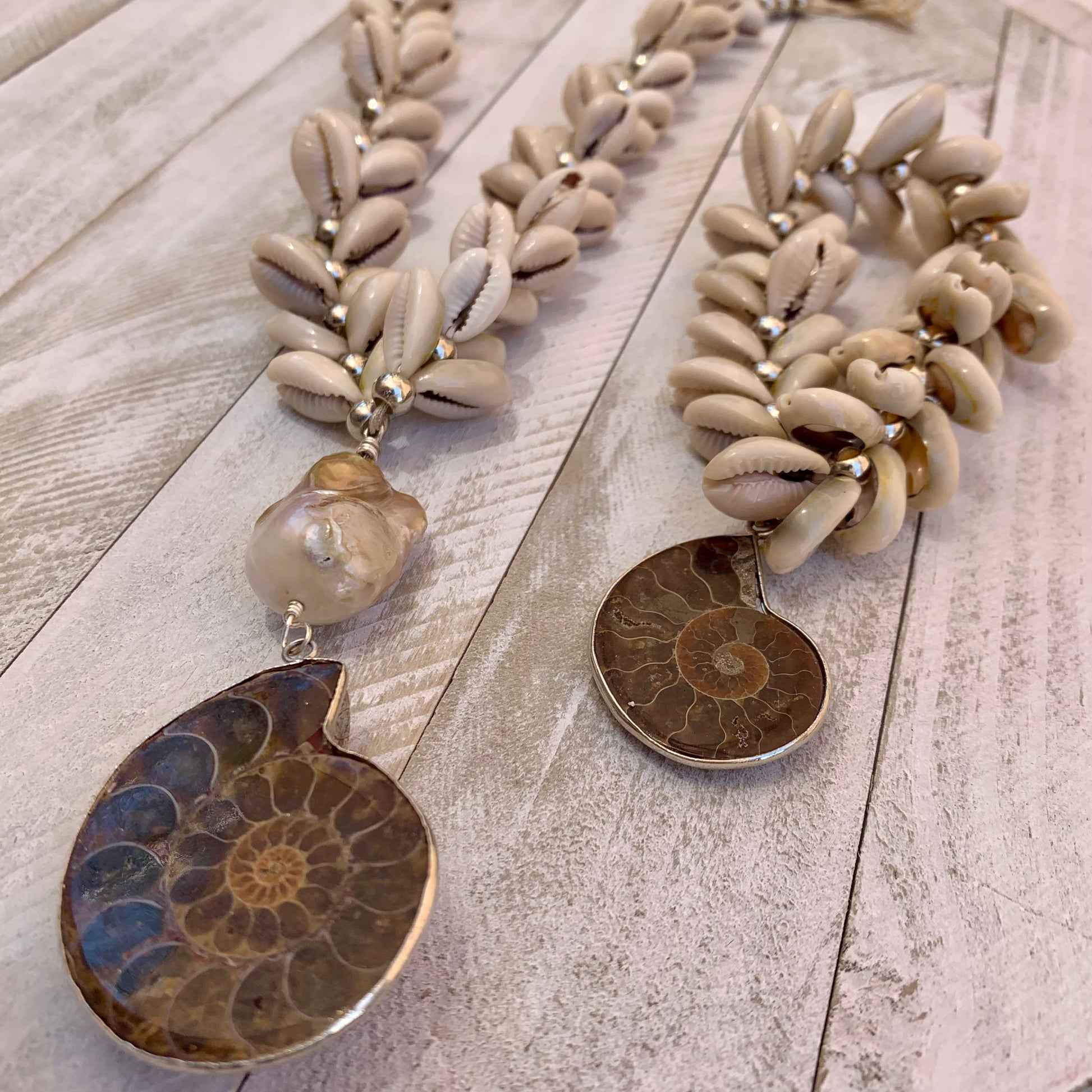 Puka Shells Necklace with a Baroque Pearl and a Fantastic Ammonite Fossilized Shell as Pendant