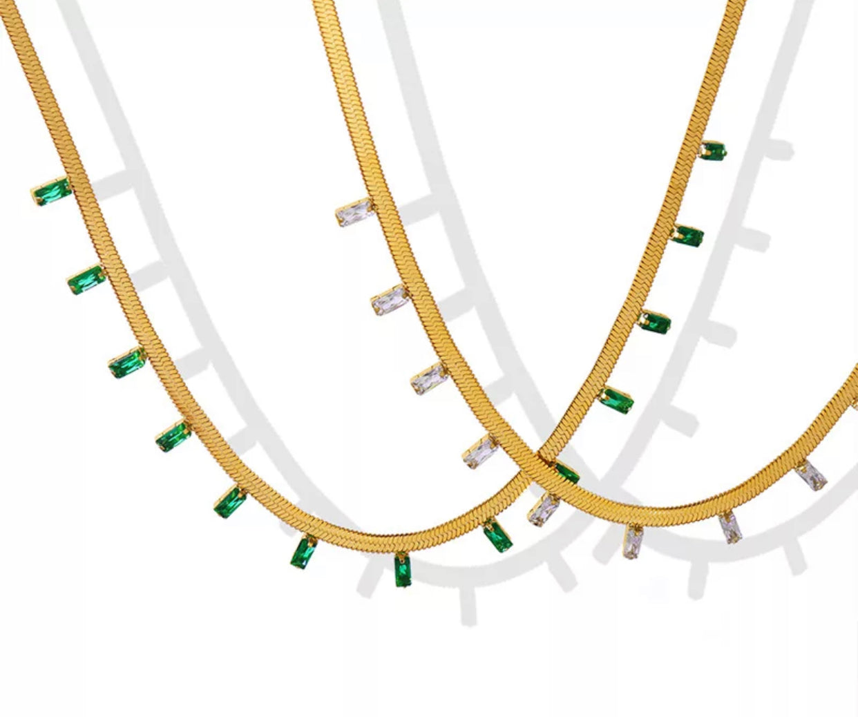 Golden Green Dainty Herring Bone Chain Link with CZ