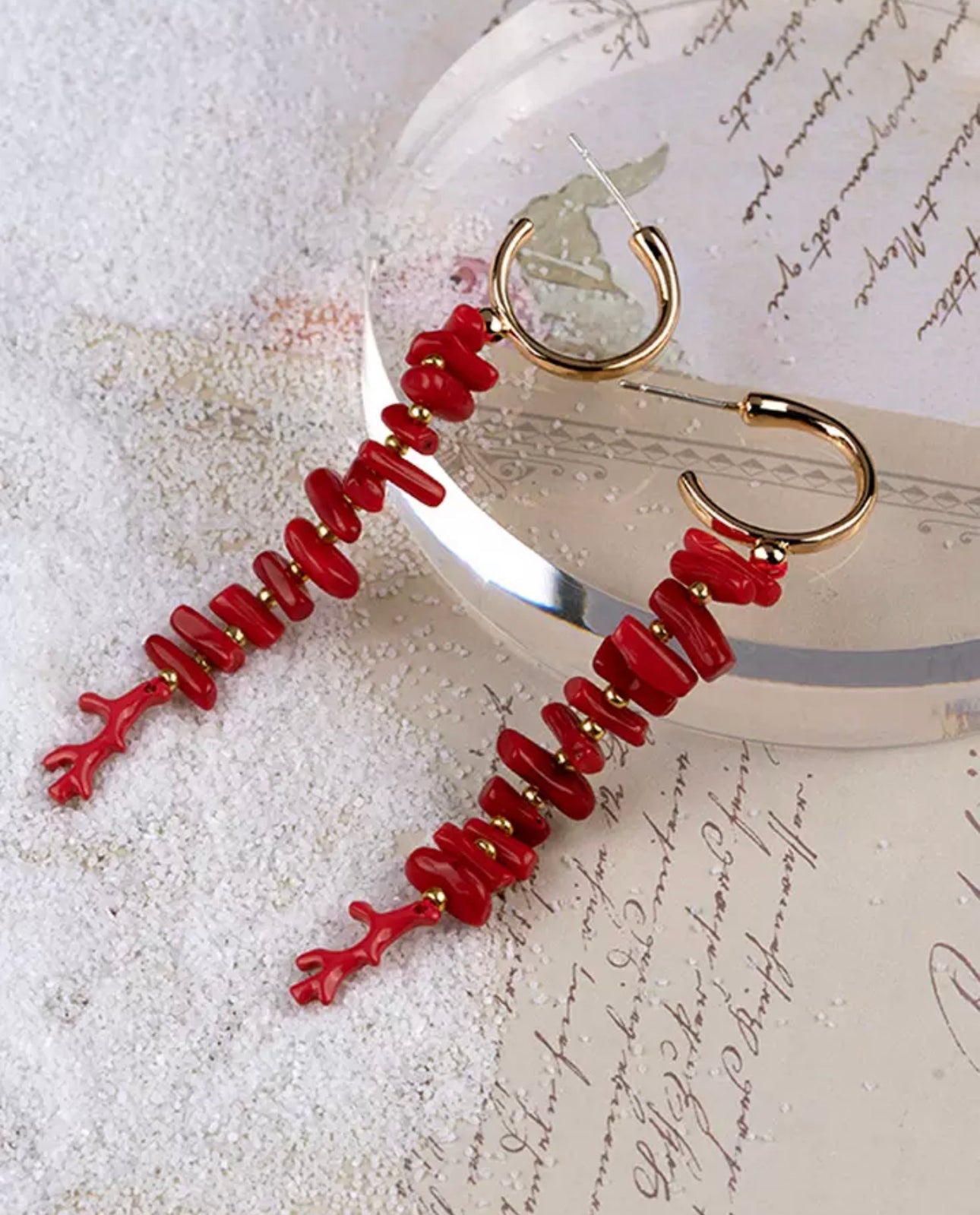 Gold Plated Open Hoop with Red Coral Chips Drop Earrings