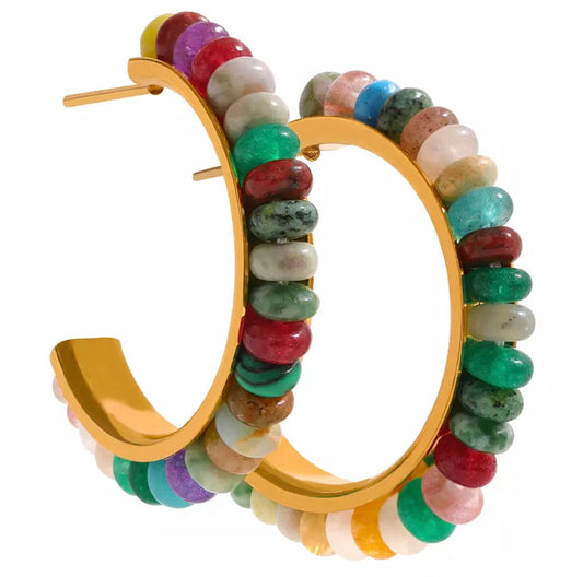 Stainless Steel Hoops with Multicolor Agates Stones 220-17 | Erika Williner Designs